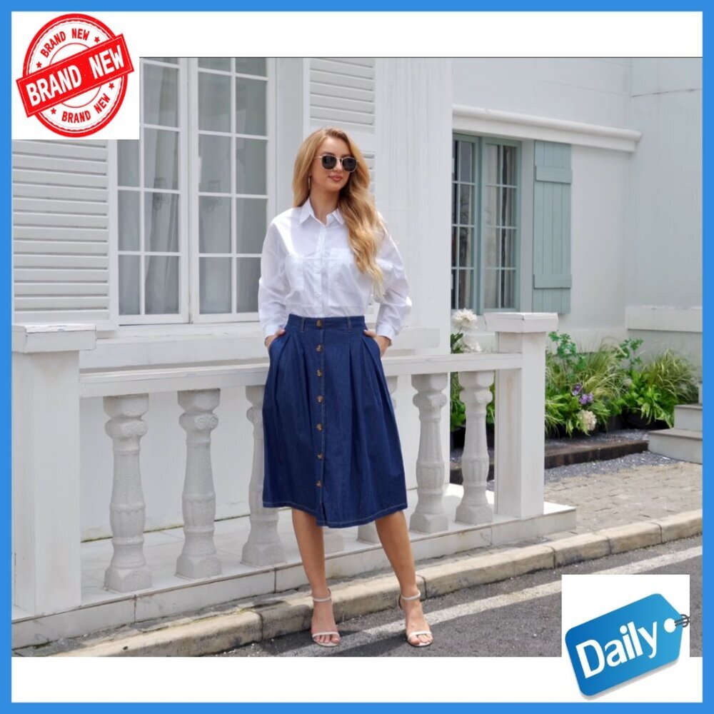 Pleated A-Line Midi Skirt with Elastic Waist and Pockets - Picture 7 of 7